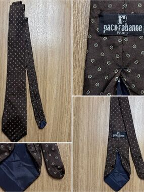 Paco Rabanne Paris 100% Silk Tie Brown w/ Small Floral Dot Pattern Designer